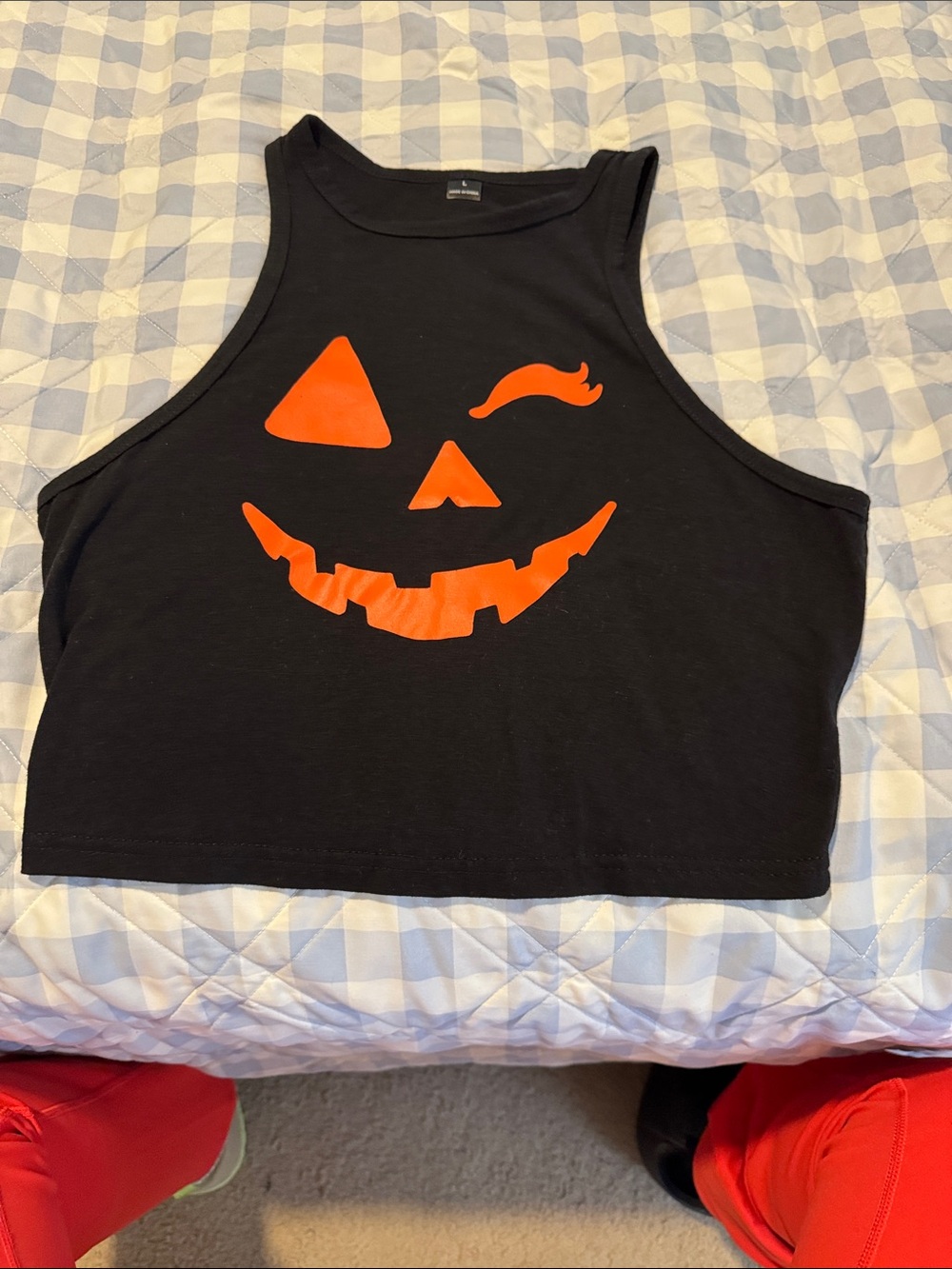 SHEIN Black Crop Tank Top with Orange Pumpkin Face